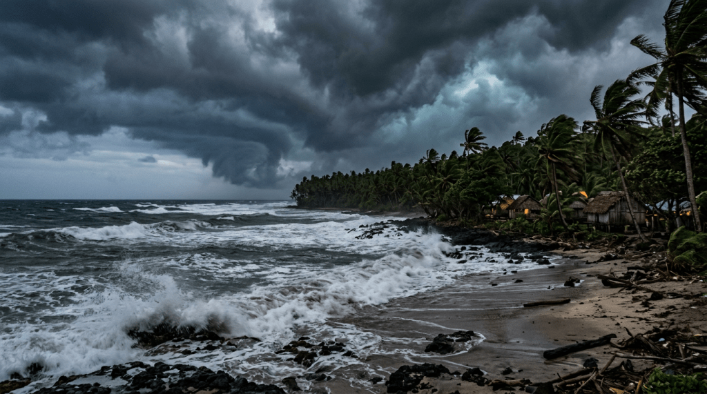 Storm clouds over rough ocean waves hitting palm tree-lined tropical coast with huts