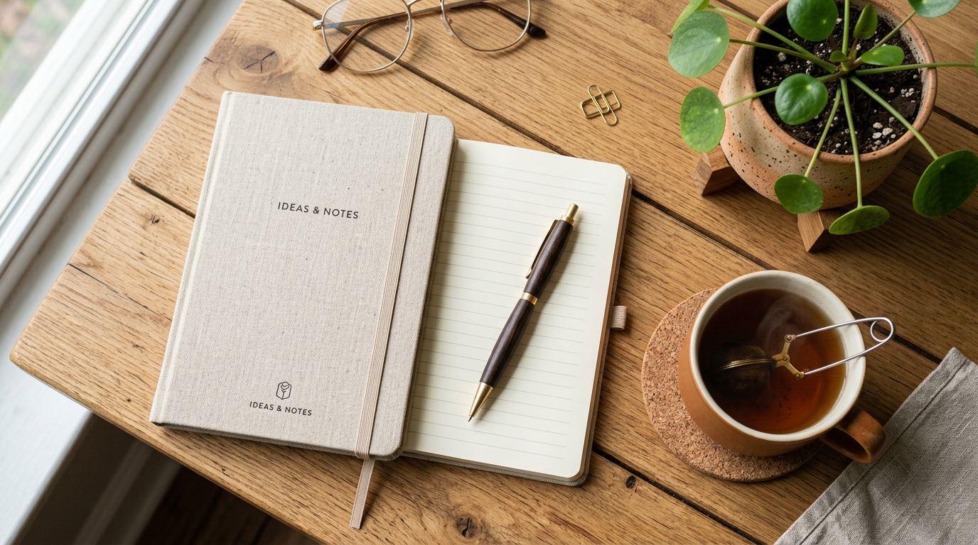 Notebook labeled Ideas & Notes, pen on open lined paper, glasses, plant, and cup of tea on wooden desk