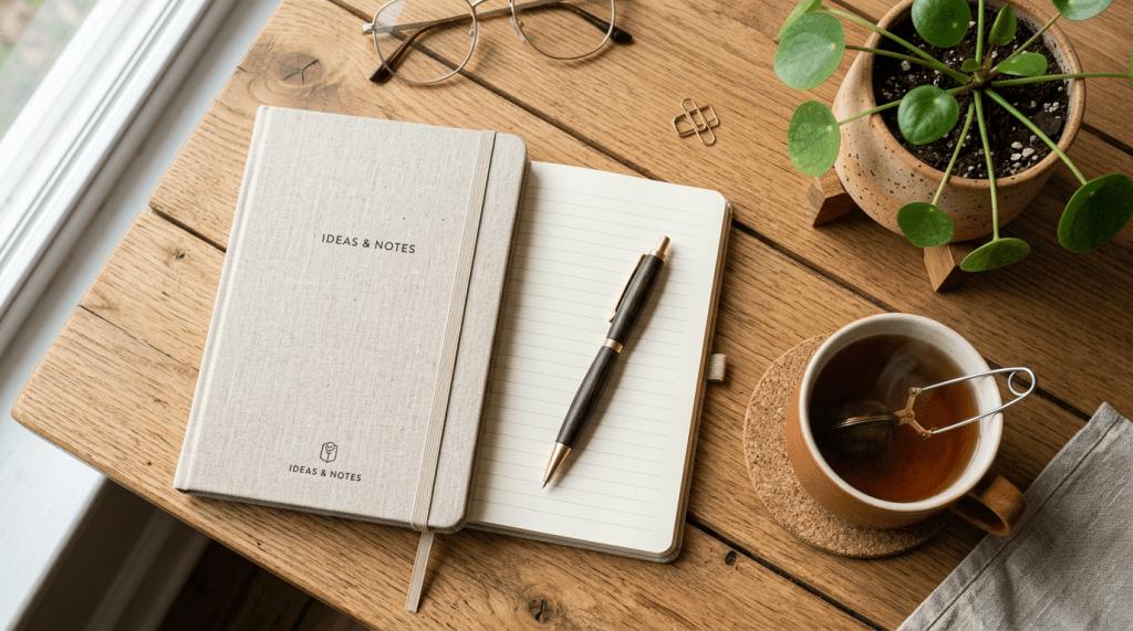 Notebook labeled Ideas & Notes, pen on open lined paper, glasses, plant, and cup of tea on wooden desk
